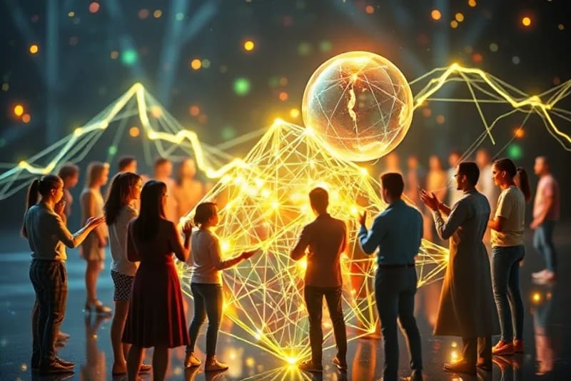 Diverse group building a transparent financial network with natural elements, symbolizing community-driven social impact.