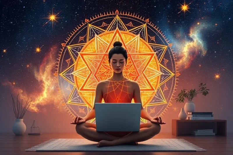Ilustración de persona trabajando en un espacio organizado con flujo de energía