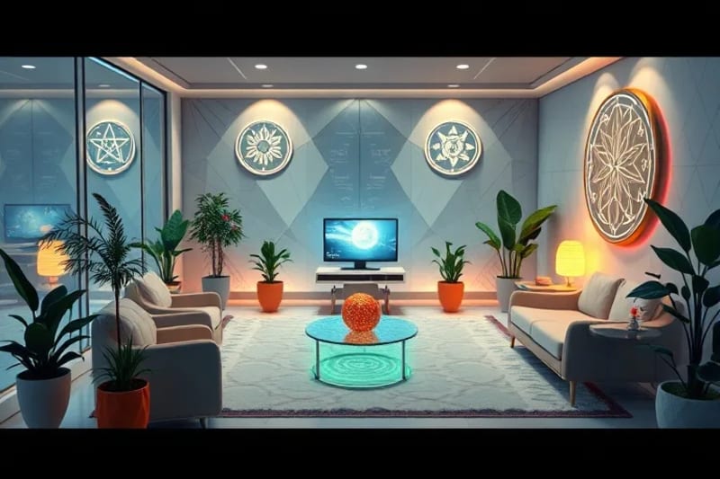 Oficina virtual futurista con elementos naturales y diseño ergonómico