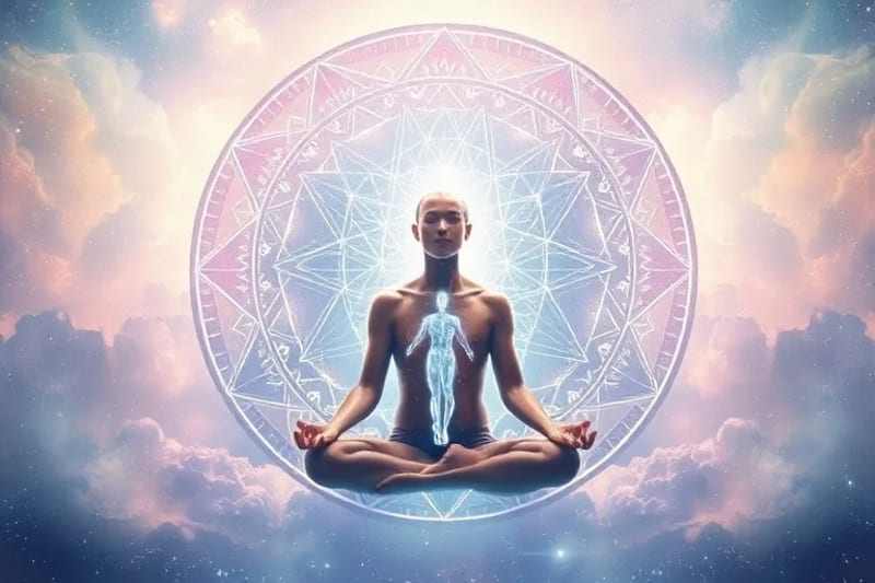Meditating figure with rising energy body