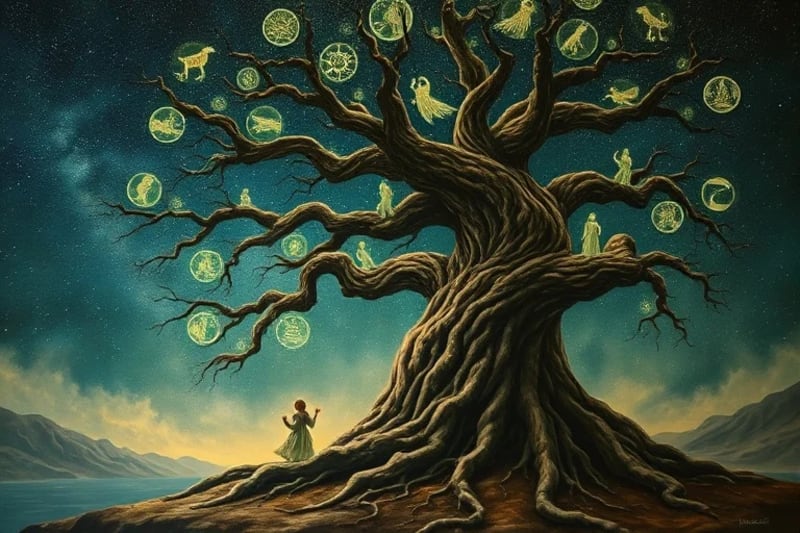 Ilustración de un árbol genealógico con figuras etéreas entrelazadas en sus raíces y ramas
