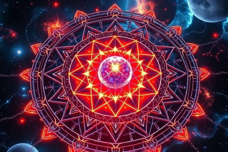 Representación de un laberinto cristalino brillante con cadenas rotas y sombras disolviéndose