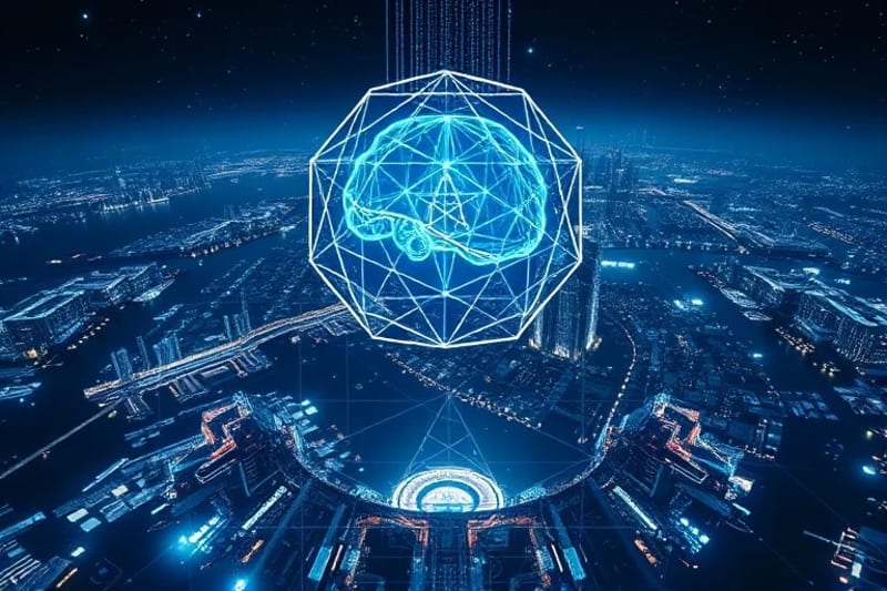 Futuristic cityscape with glowing brain network
