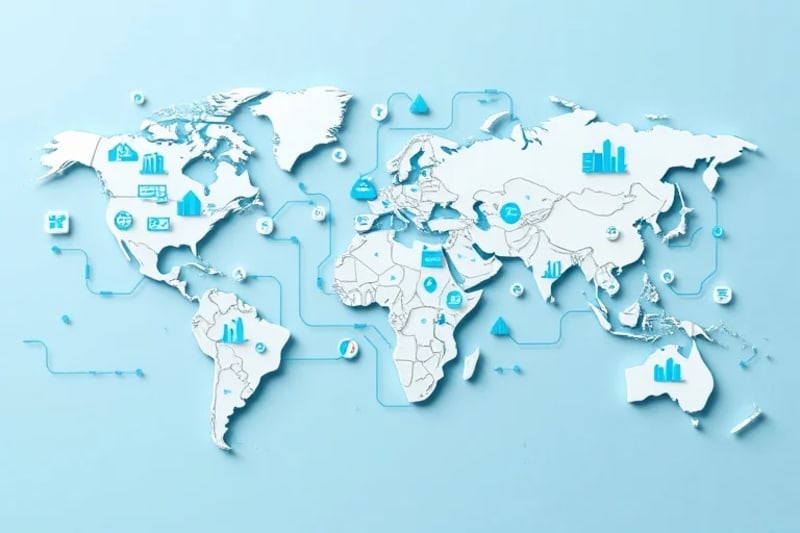 Mapa estilizado del mundo con una red de tuberías y flujos de datos