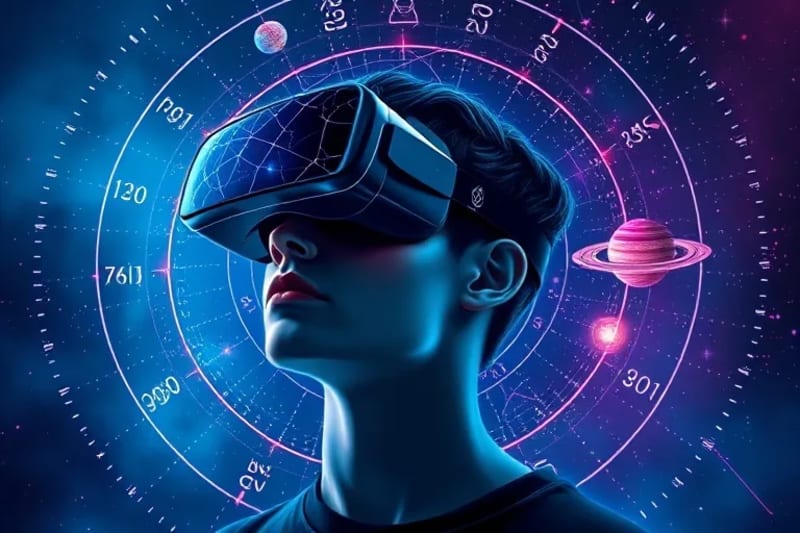 Persona con gafas de realidad virtual, rodeada de un vórtice digital de órbitas planetarias y flujos de datos.