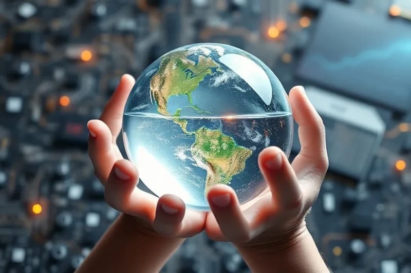 Esfera de agua cristalina con proyecciones holográficas de datos económicos y legales