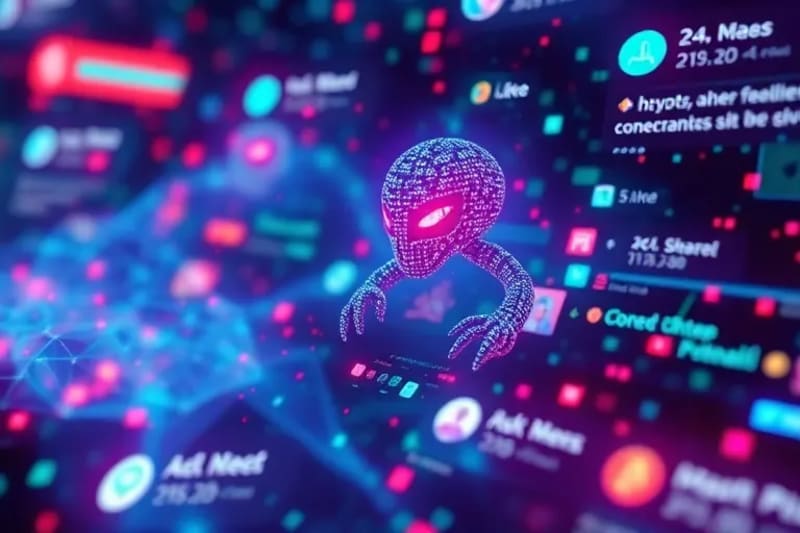 Vector art of social media feed with pixelated monsters and glitching faces