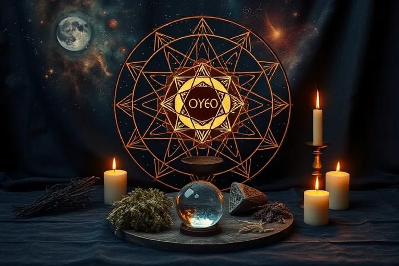 Altar con runas de madera, un cáliz, hierbas secas y una esfera de cristal, bajo la luz de la luna.