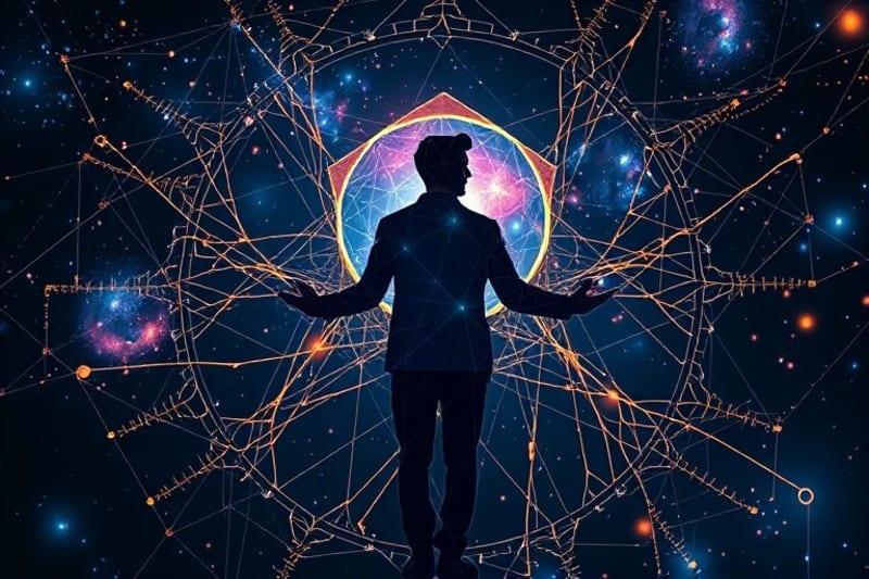Abstract digital painting of neural networks connecting a human form to cosmic patterns, symbolizing mind-reality links.