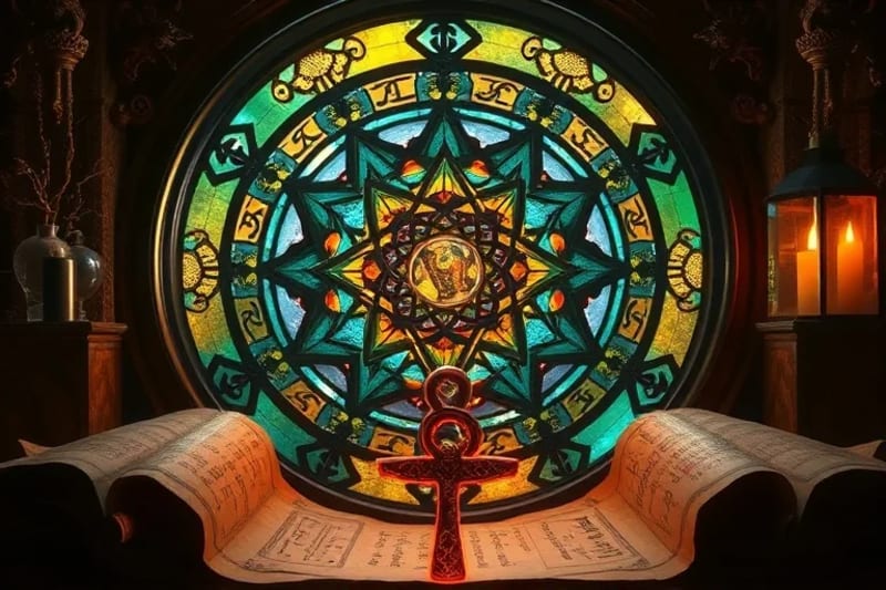 Conceptual 3D render of a polished obsidian mirror reflecting fractals, surrounded by ancient scrolls and an ankh symbol.