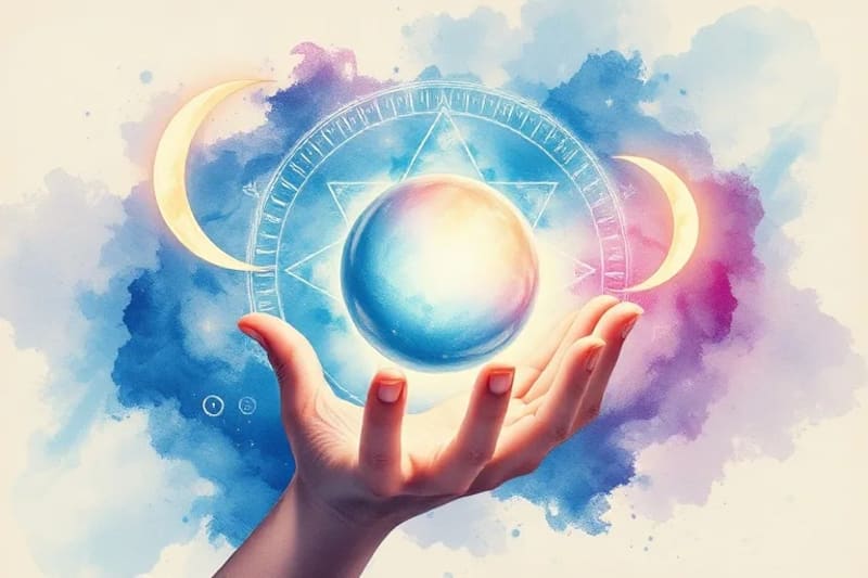 Mano sosteniendo orbe cósmico con símbolos astrológicos