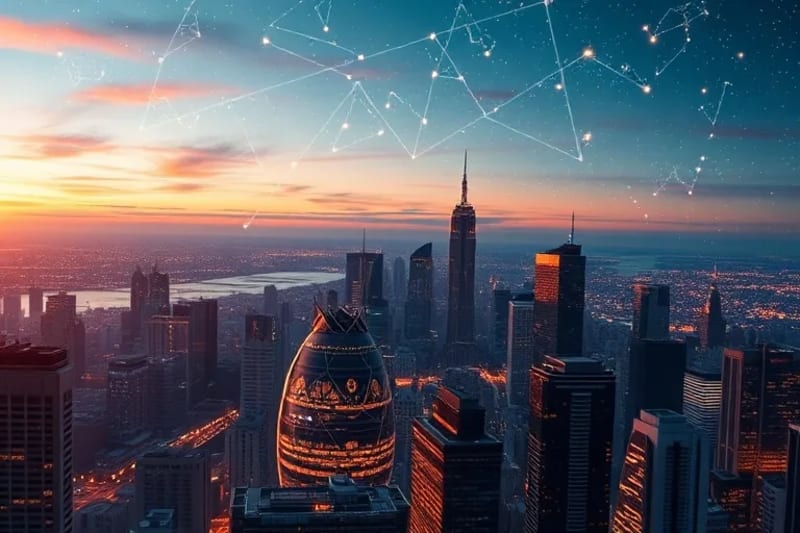 Ciudad futurista con proyecciones astrológicas