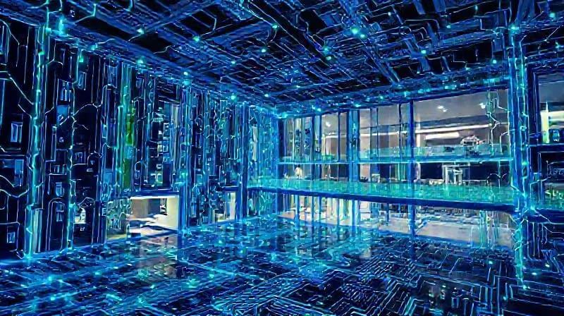 Diagrama arquitectónico superpuesto con redes neuronales brillantes, simbolizando la integración de la neurociencia en el diseño de edificios.