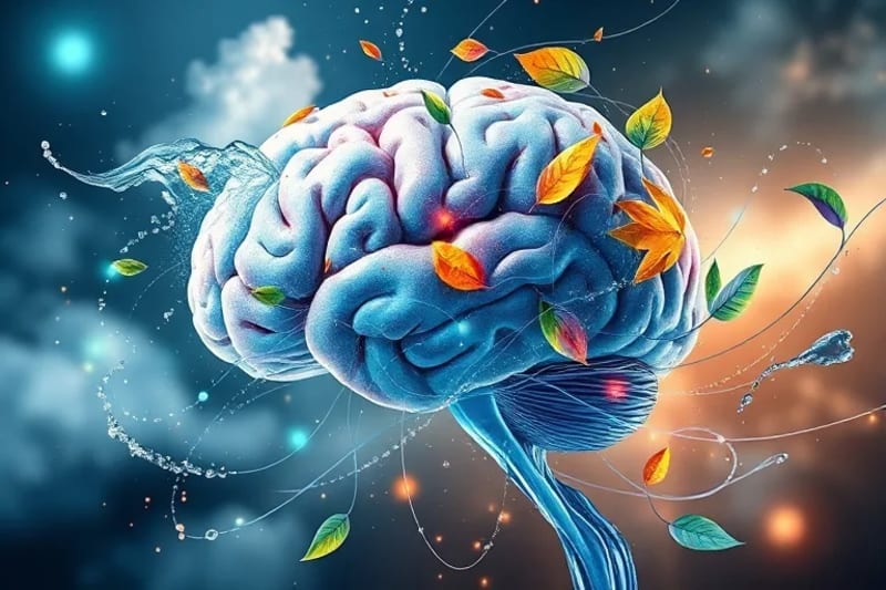 Pintura acuarela abstracta de un cerebro humano fusionándose con elementos naturales como hojas y agua, simbolizando la conexión mente-ambiente.