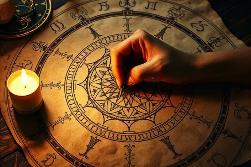 A hand meticulously drawing an intricate sigil on aged parchment, surrounded by astrological glyphs