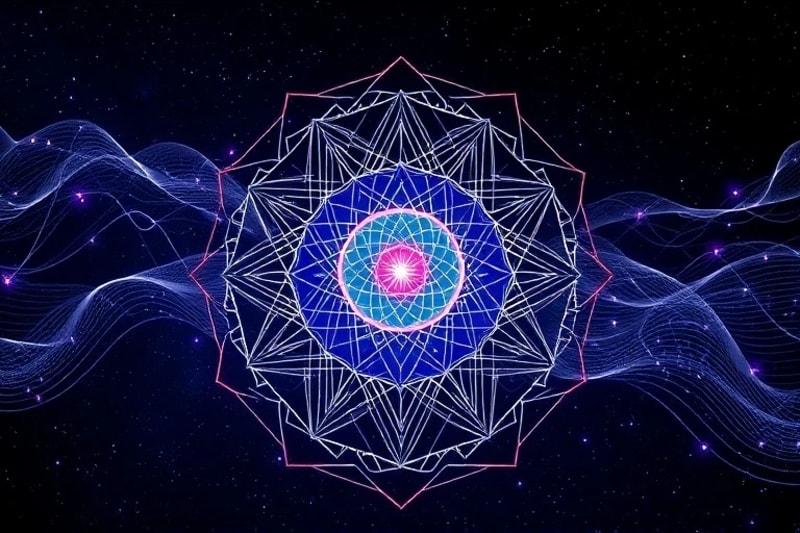 Abstract 3D render of sound waves transforming into glowing geometric patterns and interconnected symbols