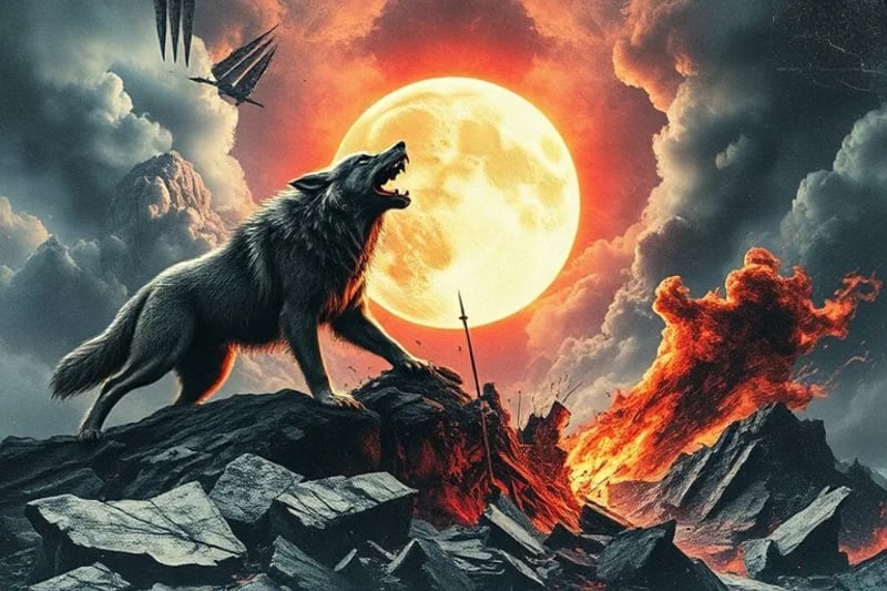 Representación conceptual del Ragnarök, mostrando un paisaje cataclísmico con elementos de destrucción y renacimiento.