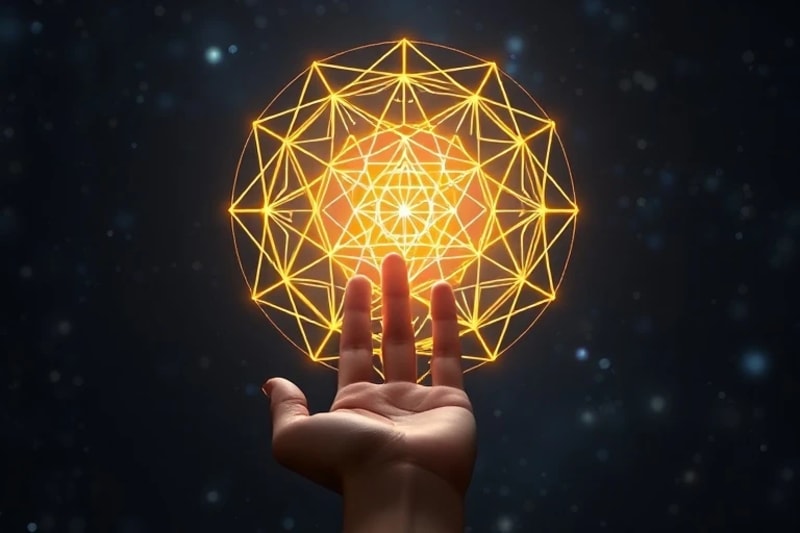 A glowing, intricate sigil floating above an outstretched hand, against a cosmic background.