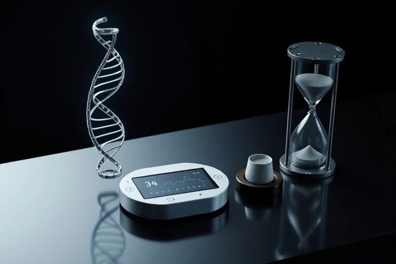 Still life of DNA helix, a balanced weight, a smart device, and an hourglass symbolizing longevity