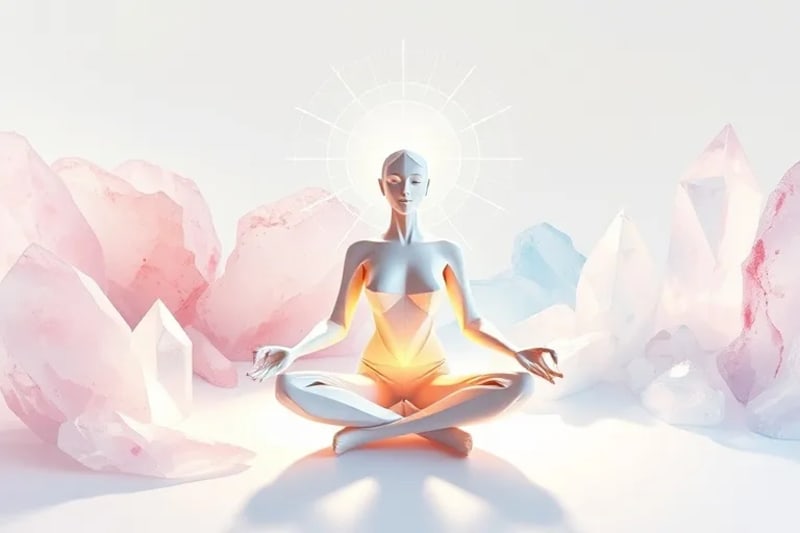 Persona meditando rodeada de cristales y patrones de luz