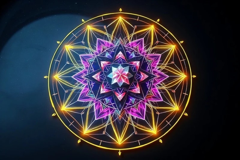 Intricados patrones de geometría sagrada con cristales brillantes