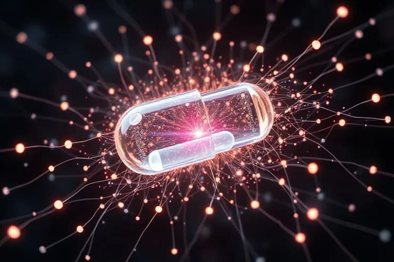 3D render of a stylized, crystalline nootropic pill dissolving into a glowing neural network against a dark, futuristic background.
