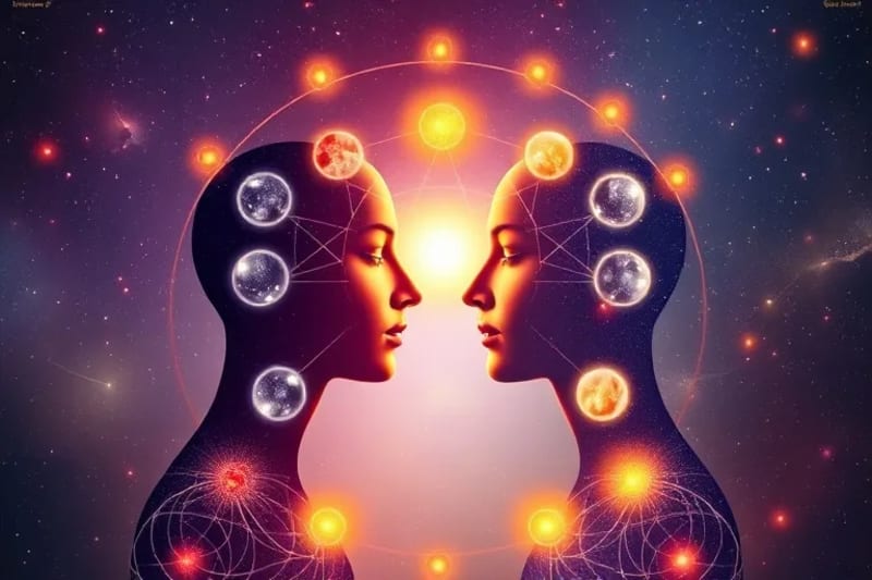 Dos figuras estilizadas, con sus siete chakras principales brillando y conectados por líneas de energía, simbolizando la armonía y resonancia energética en una pareja.