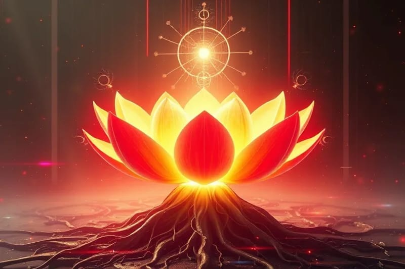 Un loto luminoso emergiendo de raíces entrelazadas, con dos fuentes de luz fusionadas en su centro, simbolizando el despertar y la unión espiritual de la energía Kundalini.
