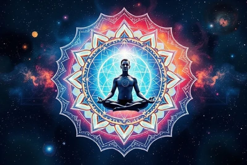 Meditative figure surrounded by flowing watercolor sound waves and abstract symbols, representing the inner power of mantras and focused intention.