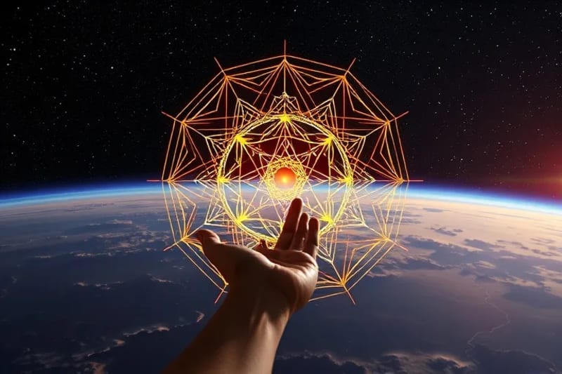 3D rendered geometric patterns and glowing energy lines forming a web, subtly shaping a distant landscape, with a hand reaching towards it, symbolizing conscious creation.