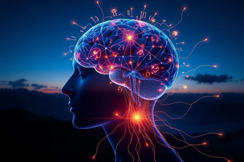 3D render of a glowing brain connected to biofeedback device with esoteric symbols