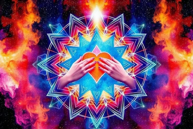 Watercolor painting of aura with numerological symbols and hands over heart