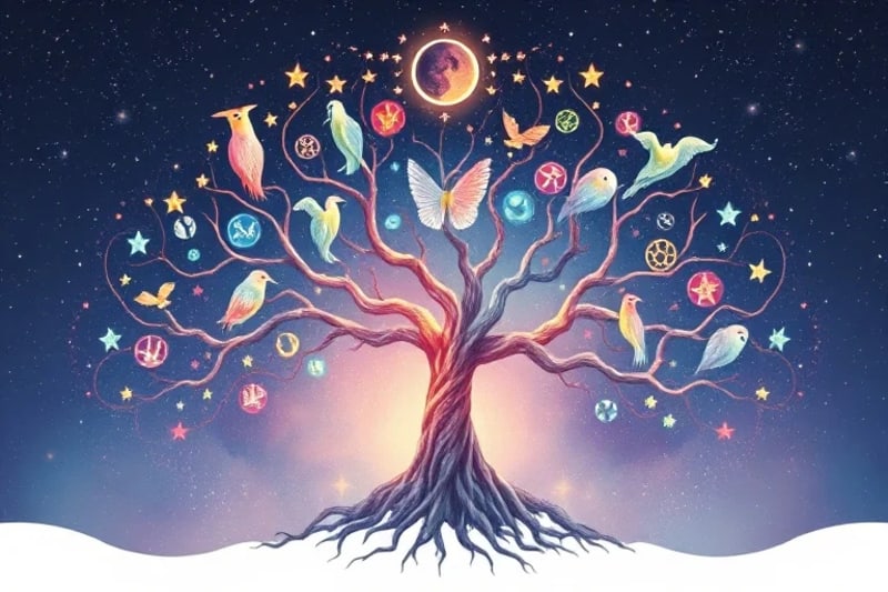 Stylized family tree with glowing roots and astrological transit symbols