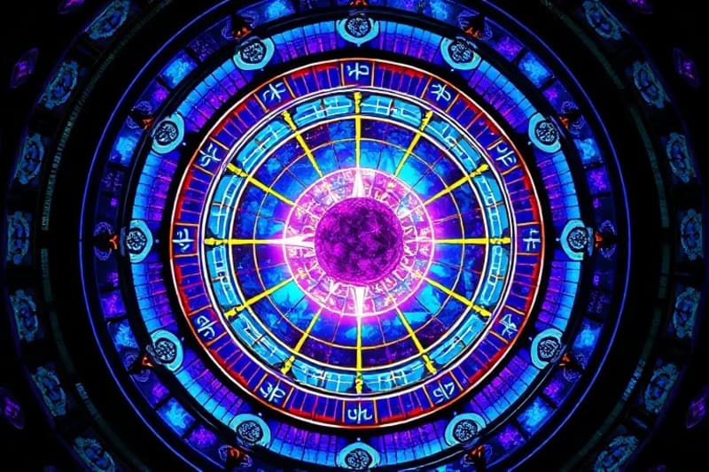 Holographic rings representing personal time cycles rotating around a central orb