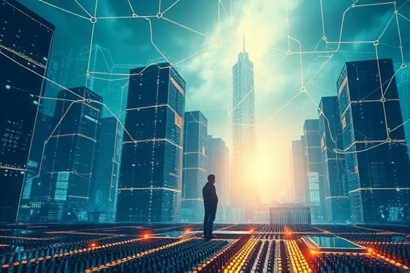 A 3D render of a human silhouette with a protective energy field around its head, resisting digital tendrils in a data server landscape, symbolizing mental sovereignty.