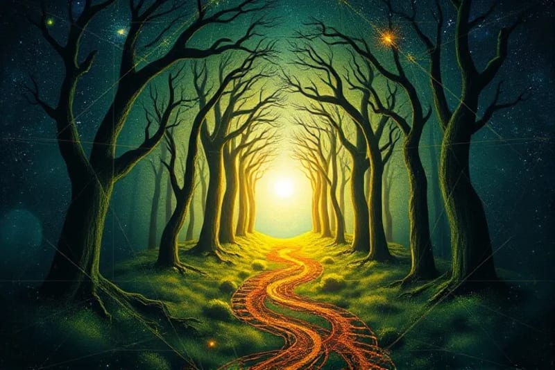 Abstract digital painting of a winding path through a symbolic forest, showing ancient trees representing past karma and vibrant flora representing future growth.