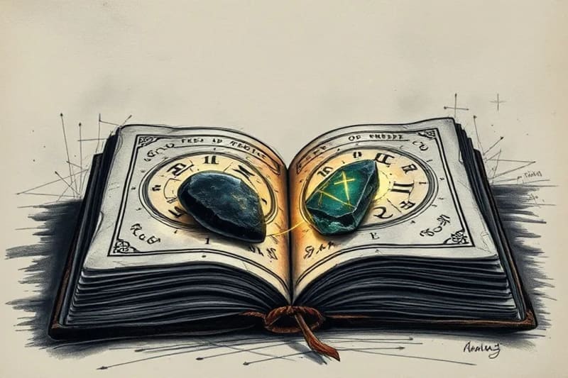 Conceptual 3D render of an antique, open book with glowing astrological symbols, featuring a dark, worn stone (South Node) and a light, crystalline stone (North Node), connected by threads of light.