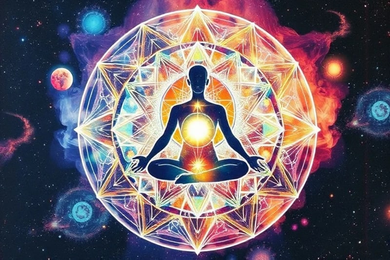 Abstract watercolor painting of swirling energy fields and chakras within a human silhouette