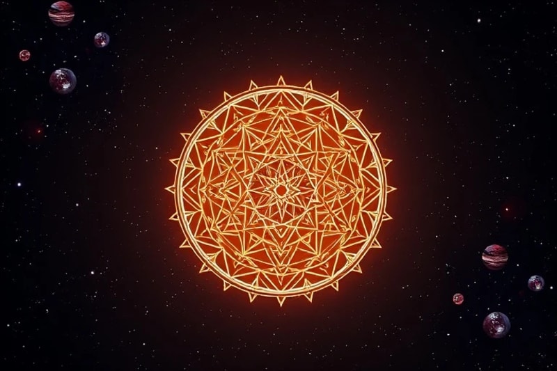 Intricate glowing mandala with geometric patterns and stylized planetary symbols