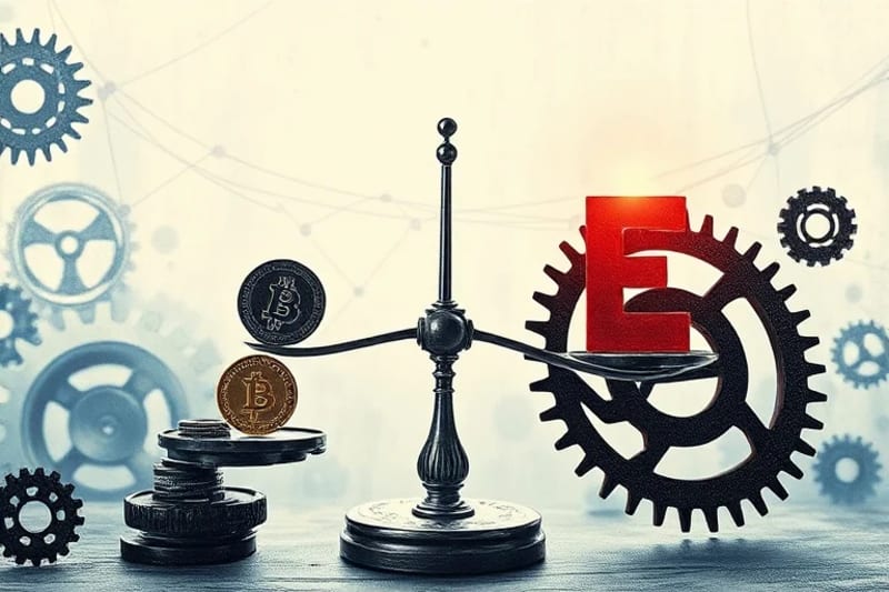 Balanced scale with digital tokens and an 'E' for ethics, interlocking gears, abstract digital network.