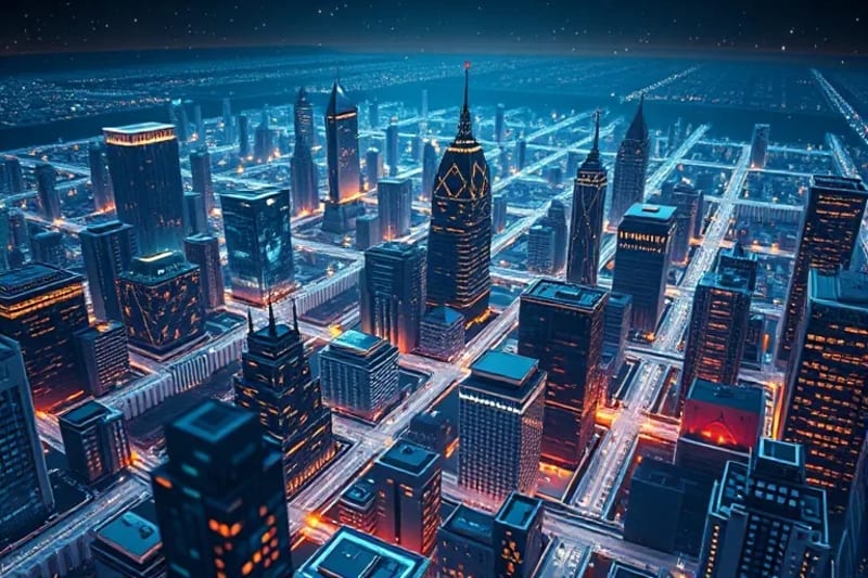 Stylized futuristic cityscape on blockchain blocks, architectural elements representing DAOs, glowing human figures interacting.