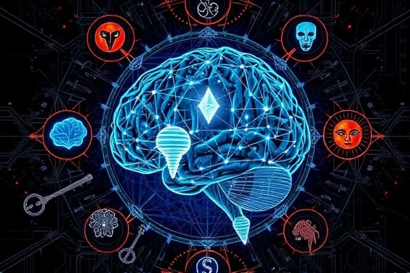 Stylized brain with dream symbols and digital circuits