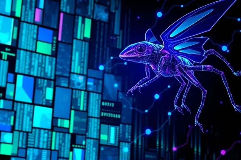 Stylized digital network with abstract cryptid forms