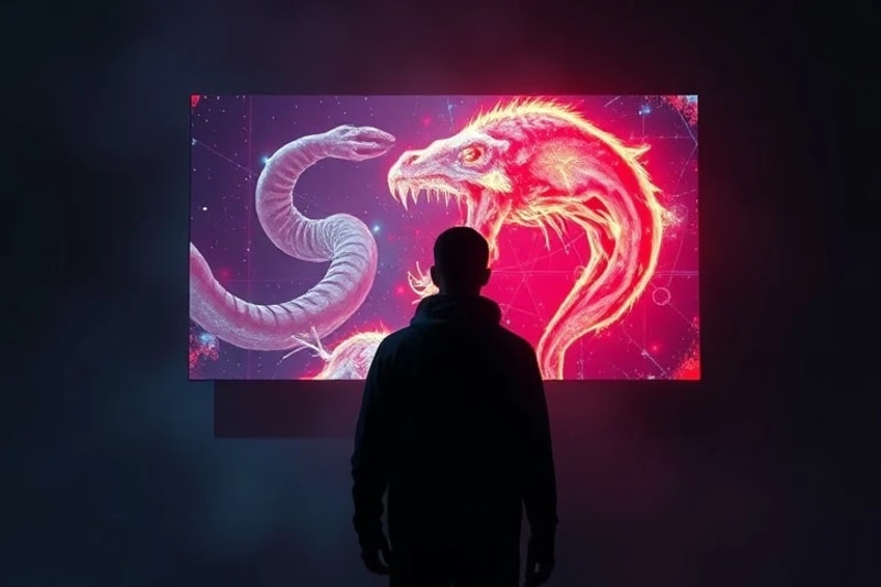 Oil painting of a person looking at a screen with distorted reflections