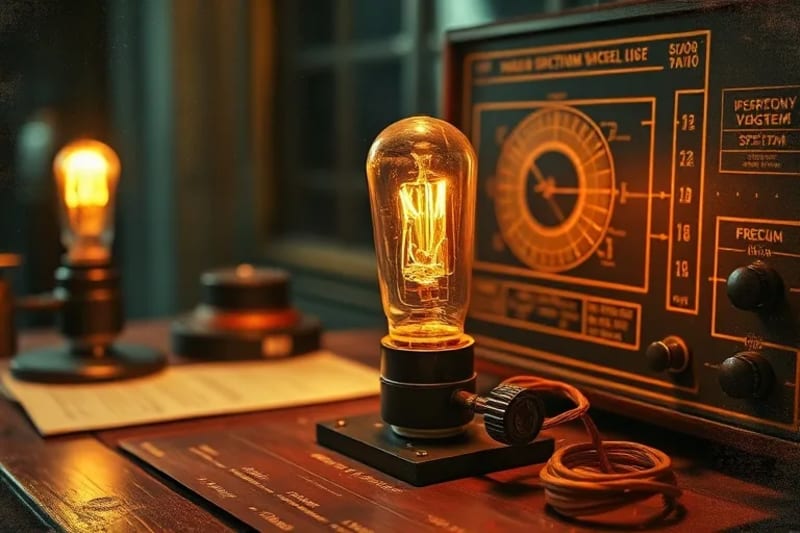 Representación conceptual de la tecnología de salto de frecuencia, con tubos de vacío y esquemas intrincados sobre una mesa de trabajo.