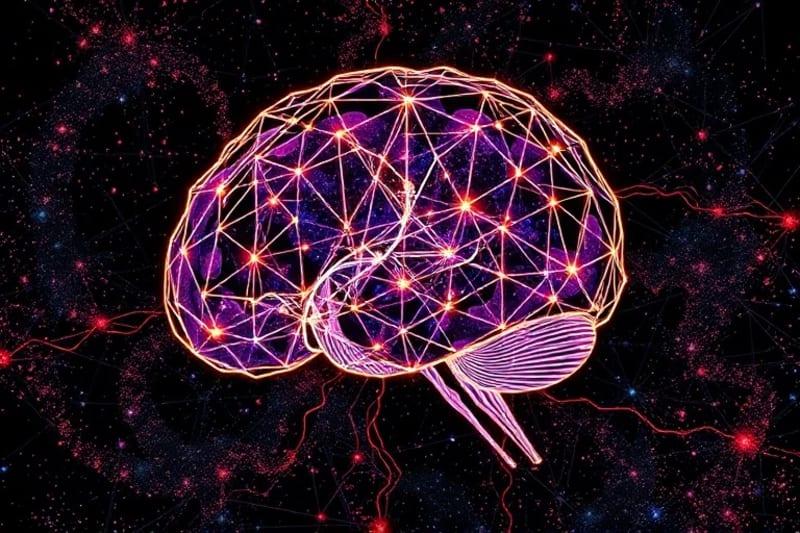 Abstract 3D render of AI neural pathways and human consciousness symbols merging