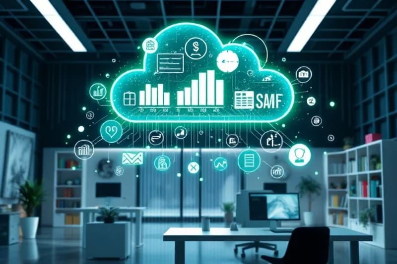 Ilustración de iconos SaaS conectando a una oficina de PYMES