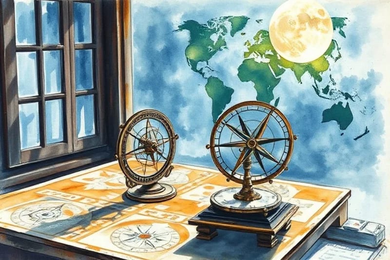 Oil painting of ancient astronomical instruments and a glowing digital world map
