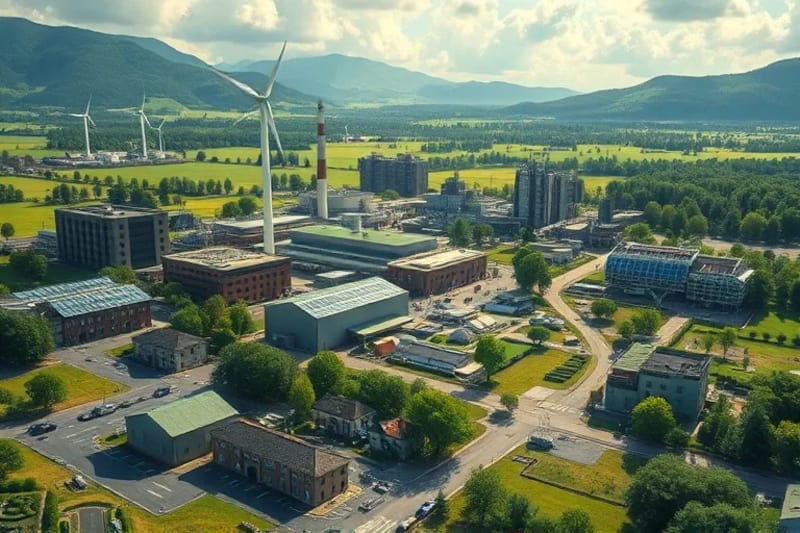Paisaje con elementos industriales integrados en la naturaleza para crecimiento verde