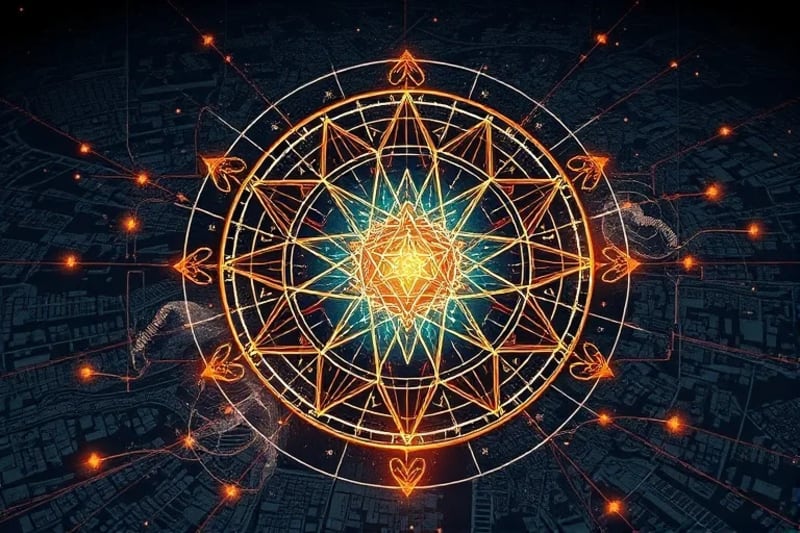 City map with overlaid energy grids and sacred geometry patterns